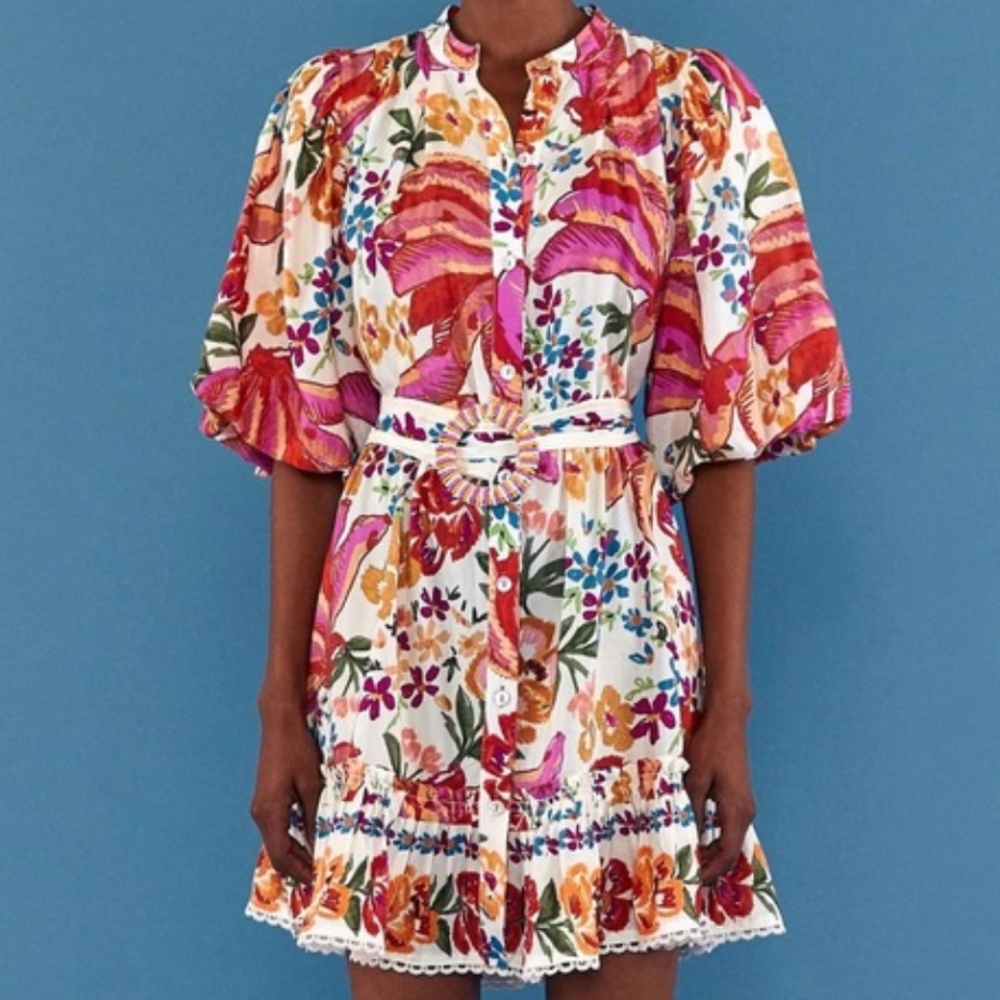 FARM Rio Belted floral-print cotton-blend mini dress
